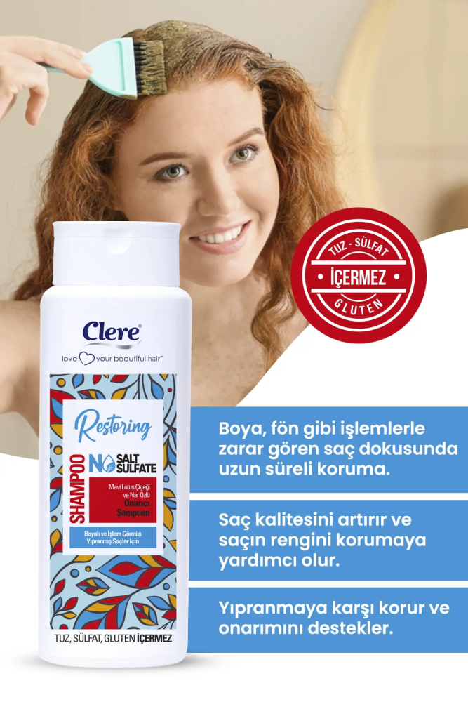 Clere Restoring Mavi Lotus Çiçeği ve Nar Özlü Renk Koruyucu Onarıcı Şampuan - 5