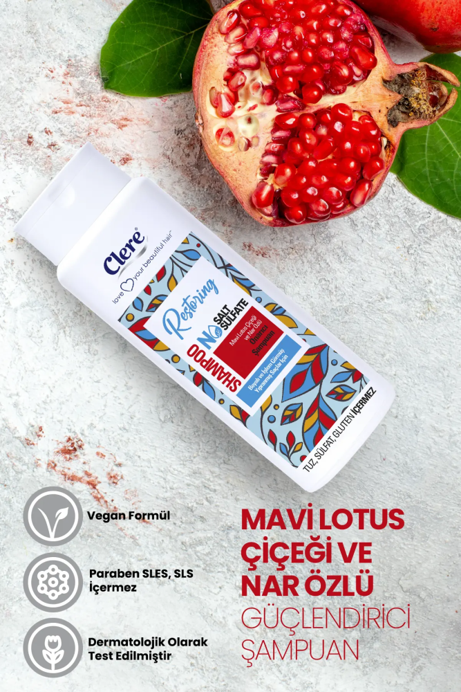 Clere Restoring Mavi Lotus Çiçeği ve Nar Özlü Renk Koruyucu Onarıcı Şampuan - 6